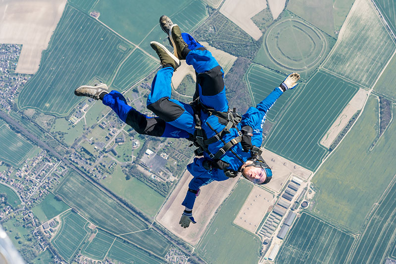 Tandem skydivers falling facing backwards