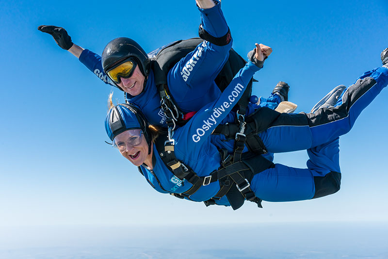 Tandem skydivers smiling at camera