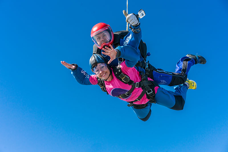 A charity skydiver in freefall