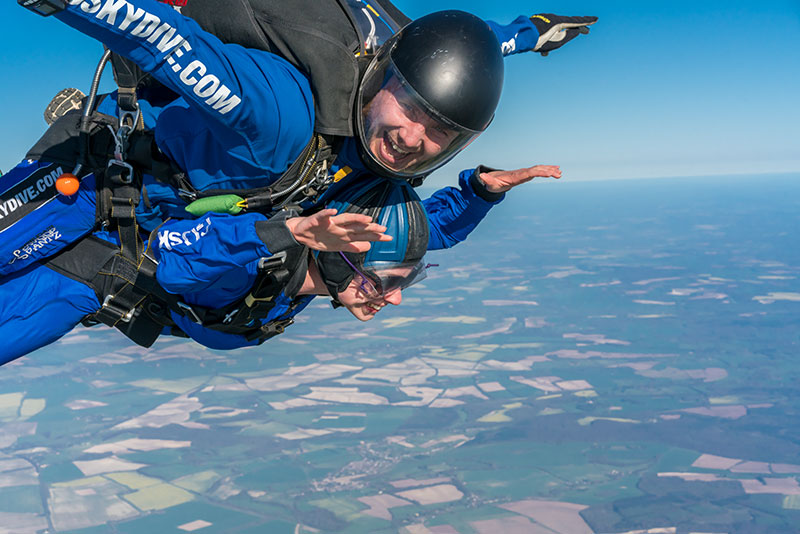 Tandem skydivers in freefall close up with camera to their right