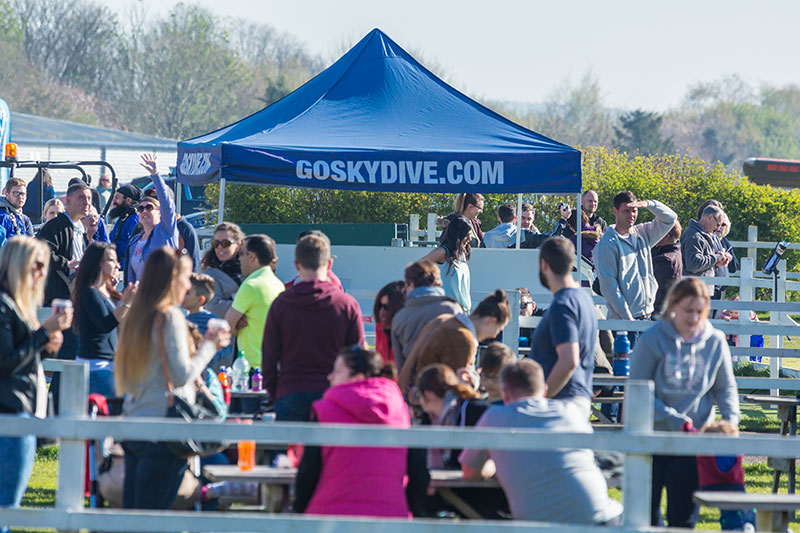 Spectators at GoSkydive in Salisbury on sunny day with marquees