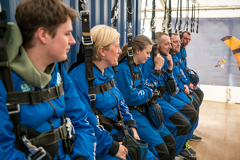 Skydive customers kitted up and being trained