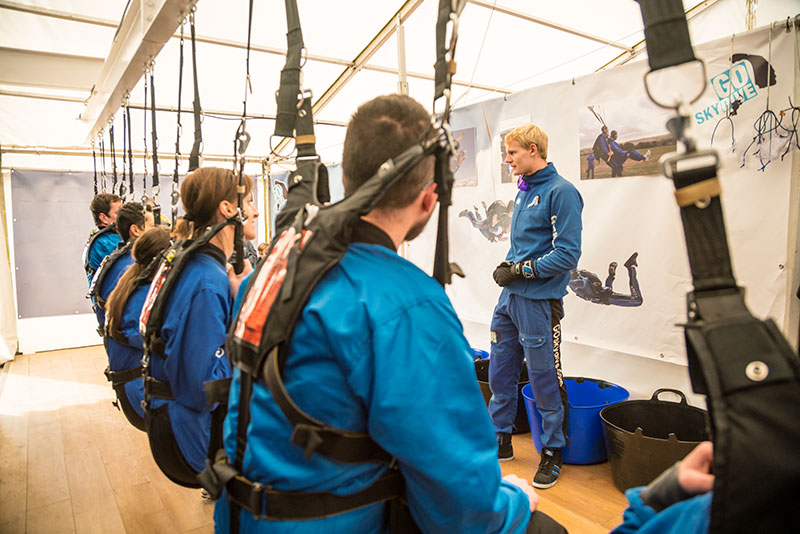 Customers in training harnesses being briefed before a jump