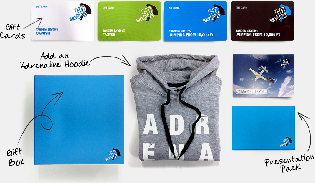 Skydive vouchers with gift box and hoody